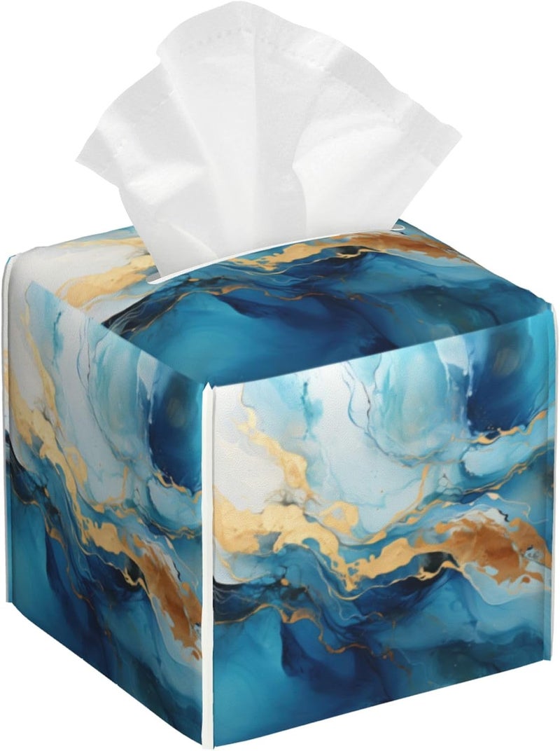 sndheke Blue Gold Marble Tissue Box Cover Square,Abstract Liquid Marble Texture Tissue Box Holder Waterproof Leather Facial Paper Organizer Dispenser for Bathroom Home Car Nightstand Vanity Desk - Image 1
